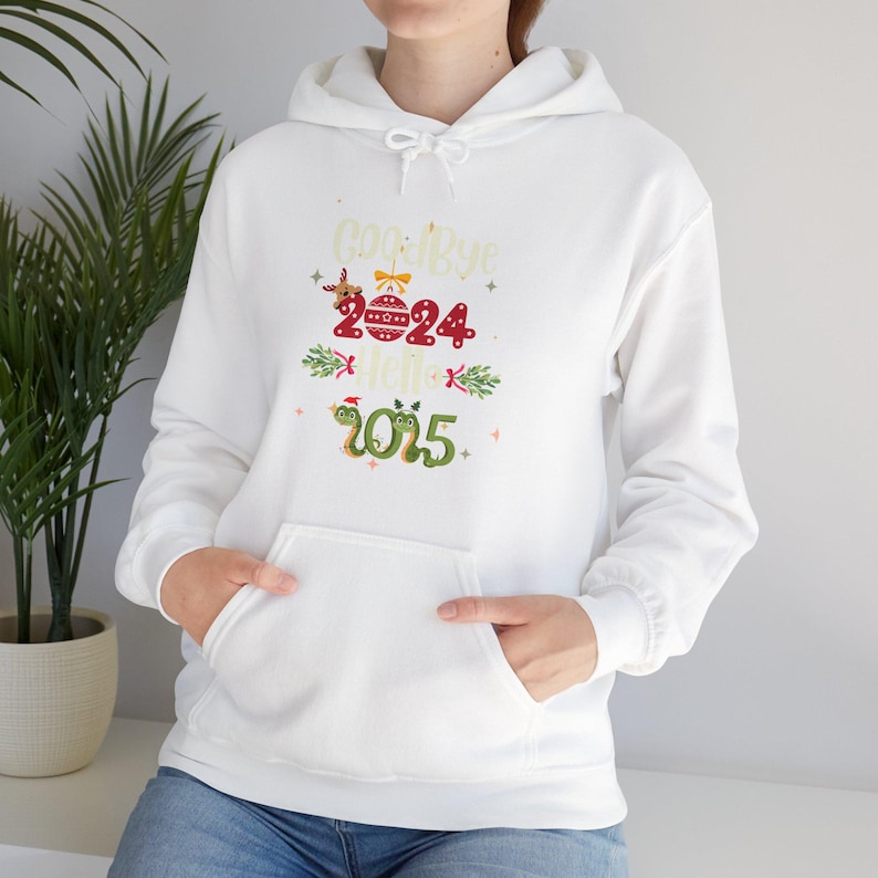 Goodbye 2024 Hello 2025 Hoodie, Holiday Season Gift Sweatshirt, Festive Xmas Present Jumper, Winter Celebration Pullover, Unisex Heavy