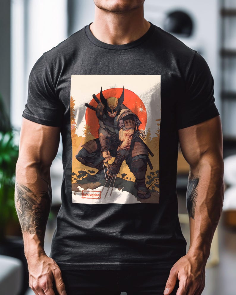 Samurai Wolverine T-Shirt, Marvel-Inspired Graphic Tee, Japanese Style Art Shirt, Gift for Comic Fans, Custom Short Sleeve Shirt For Men And Women