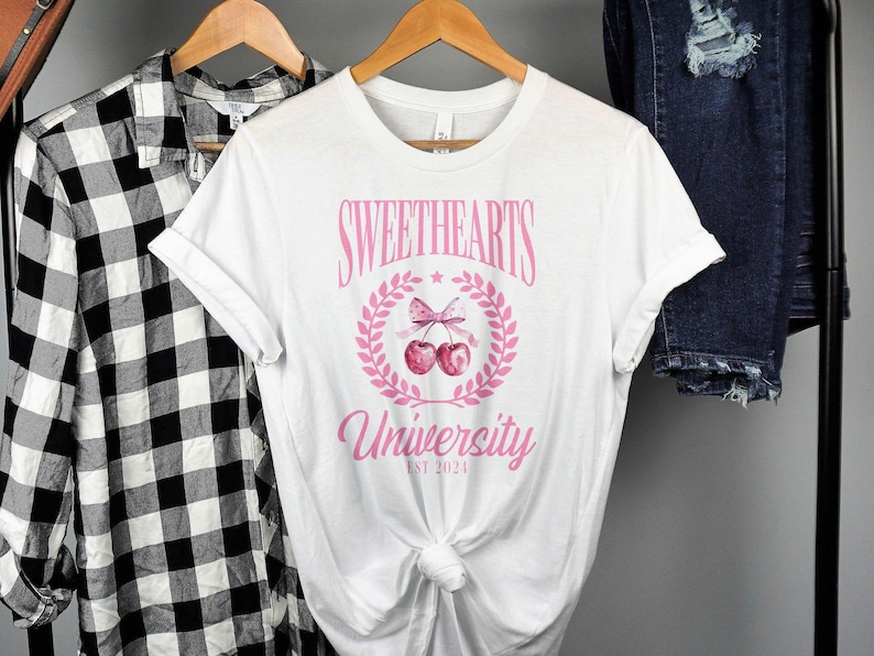 Sweethearts University Shirt, Soft Girl Aesthetic Cherry Coquette Tee for Valentine's Day, Cute Trendy Pink Cherries College Style Tshirt For Men And Women