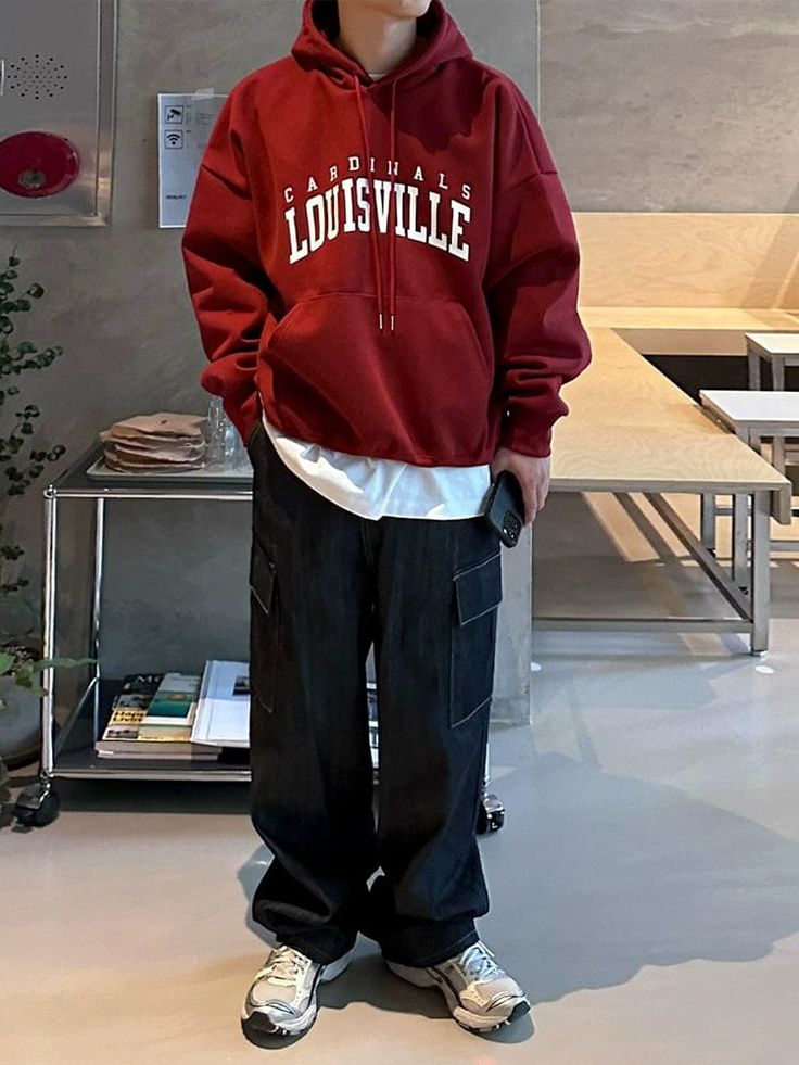 RT No. 11035 CRIMSON RED LETTERED PULLOVER HOODIE For Men And Women