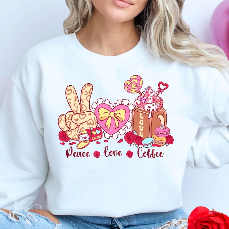 Peace Love Coffee Valentines T-Shirt, Coffee Lovers Shirt, Latte Lover Gifts, Coffee Tees, Peace Shirts, Cute Valentine's Day Gift For Woman For Men And Women