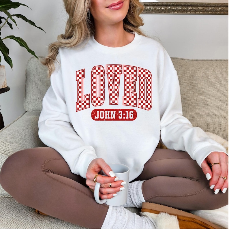 Christian Valentines Sweatshirt, Loved John 3:16 Sweatshirt, Bible Verse Shirt, Retro Sweatshirt, Valentine's Gift, Checkered Varsity Shirt