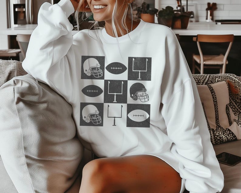 Football Checkerboard Sweatshirt with Footballs, Helmets & Goalposts, Super shirt for Game Days, Bowl and Championships, cozy sportswear