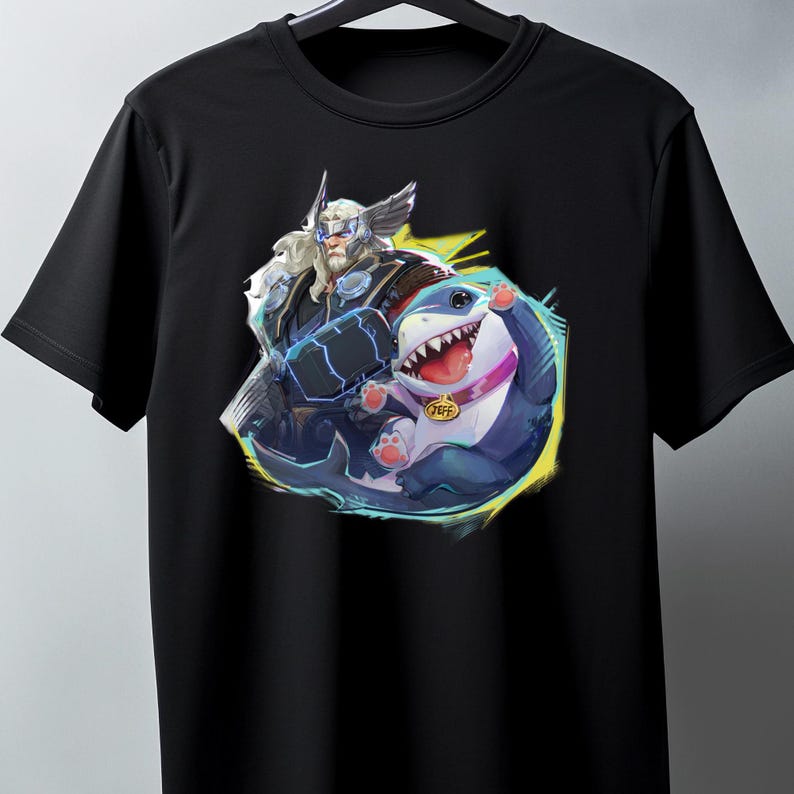 Marvel Rivals Jeff The Land Shark And Thor, Marvel Shark Unisex Graphic Vintage-style T-Shirt