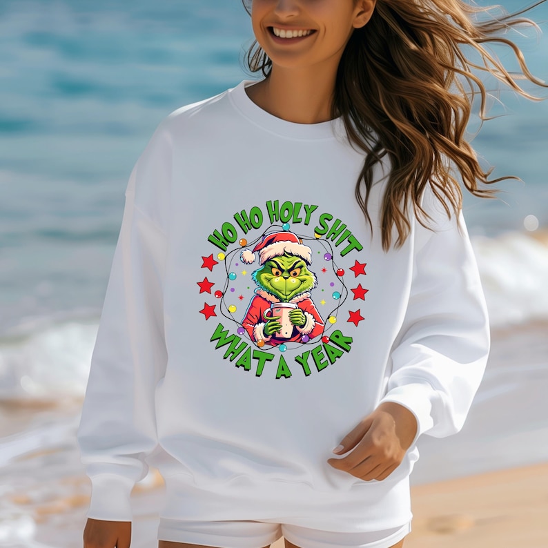 Grinch Christmas Crewneck Sweatshirt Grinch Mas Shirt Whimsical Grinch Tree Sweater Xmas Hoodie Grinch Holidays Jumper Ho Ho Ho What a Year