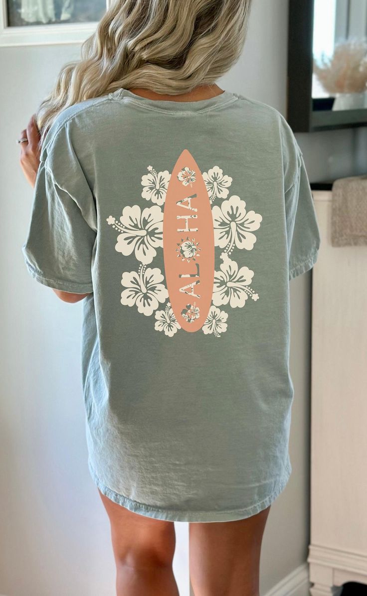 Summer Beach T-shirt : Aloha Flower Surf Board Graphic Tee in Fuzzy Peach Vacation Ready Top Summer Chill Vibes Unisex Garment-Dyed T-shirt