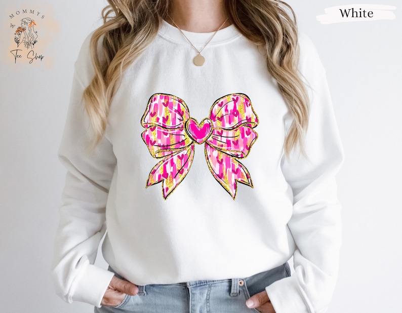 Retro Valentine Day Heart Coquette Bow Sweatshirt, Valentine Day Bow Sweatshirt, Valentine Love Bow Sweatshirt, Cupid Valentine Day Sweater. For Men And Women