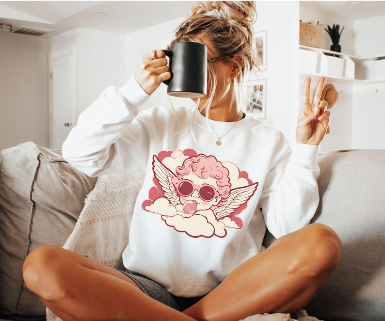 Valentine Cupid Bubble Gum Sweatshirt Blowing Bubble Cupid Shirt Girlfriend Shirt Love Sweater Valentine Day Gift Him Her Cute Retro Cupid For Men And Women
