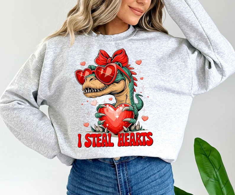 Dinosaur Valentine Sweatshirt I Steal Hearts Funny Love Day Shirt Coquette Valentine Season Gift Cute Dino Top Retro San Valentines Day Gift