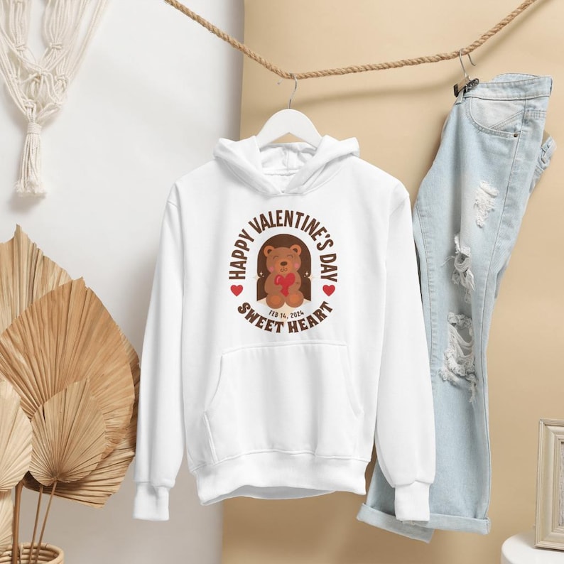 Happy Valentine's Day Hoodie - Adorable Bear Design - Sweetheart Valentine's Gift - Cozy Unisex Hoodie - Romantic Gift for Her or Him
