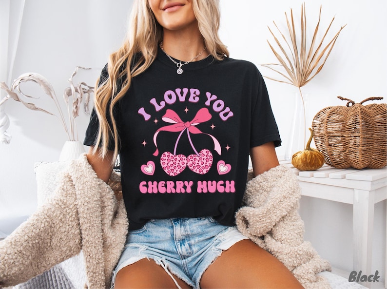 Love You Cherry Much, Leopard Print Valentine Shirt, Preppy Cherry Coquette Valentines day T-Shirt, Preppy Valentines Day T-Shirts for Women