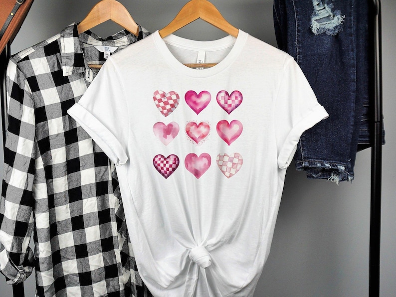 Cute Coquette Pink Heart Shirt, Trendy Checkered Watercolor Heart T Shirt for Valentine's Day, Trendy Preppy Pink V-Day Aesthetic Tee