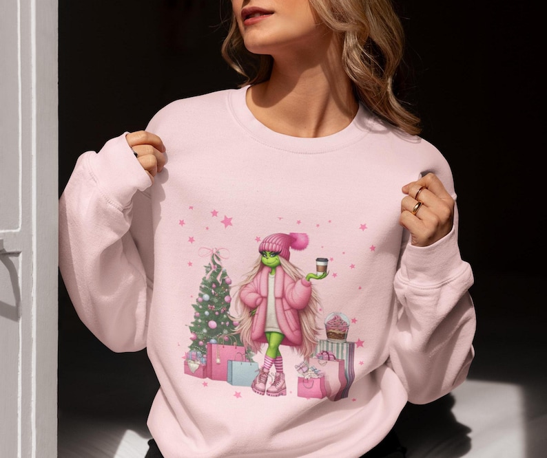 Pink Christmas Grinch Shirt - Trendy Holiday Tee with Gifts & Tree, Perfect Festive Gift for Women, Friends, and Grinch Lovers!