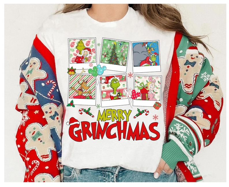 Merry Grinchmas Grinch Characters Group Christmas Photo T-shirt, Whimsical Grinch and Max Dog Christmas Shirt, Grinch Christmas Lights Tee