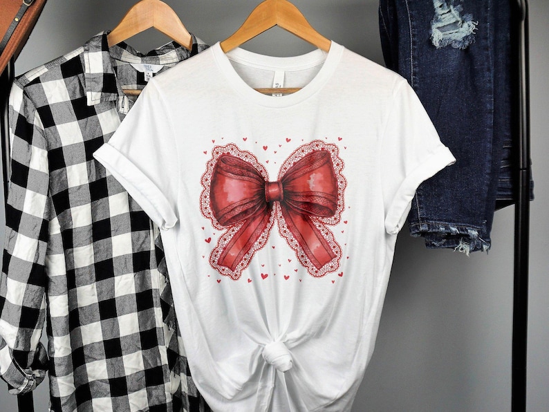 Coquette Valentine Shirt, Cute Bow Shirt for Valentine's Day, Lace Red Bow with Hearts Tee, Coquette Aesthetic V-day Top for Women