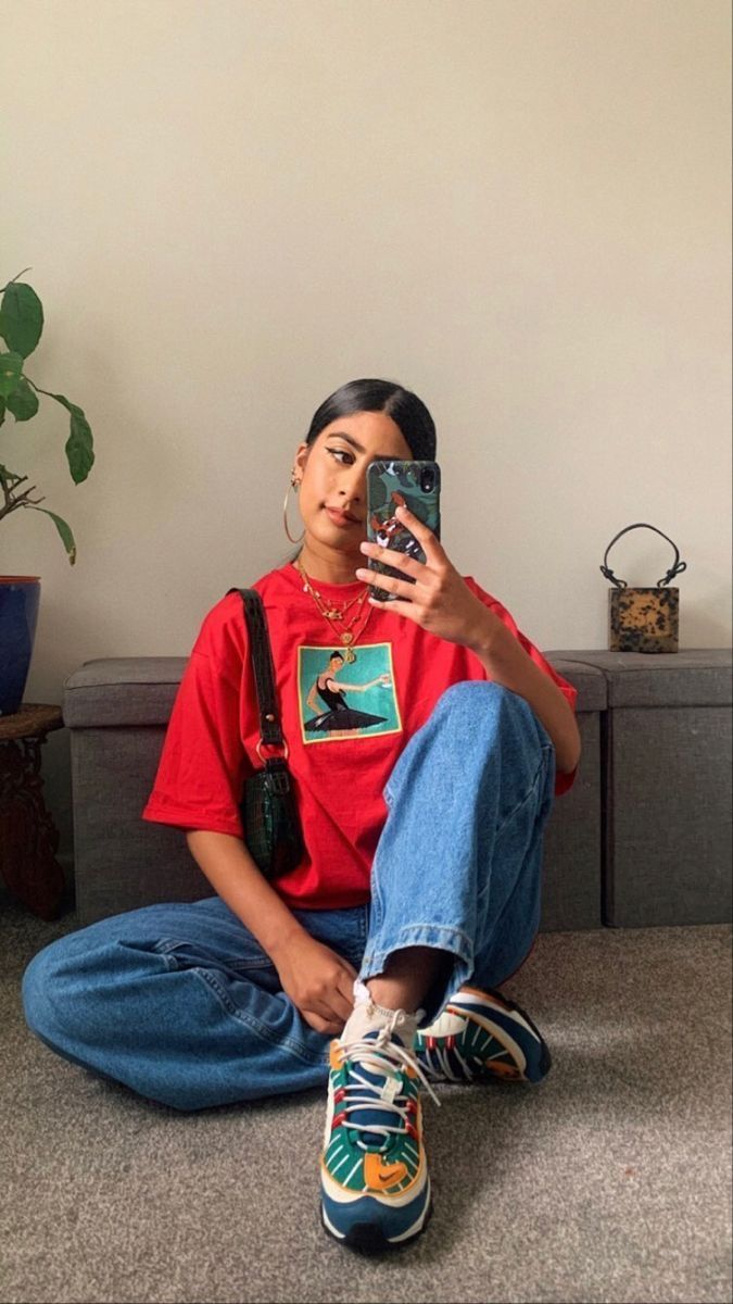 An outfit with a striking red top