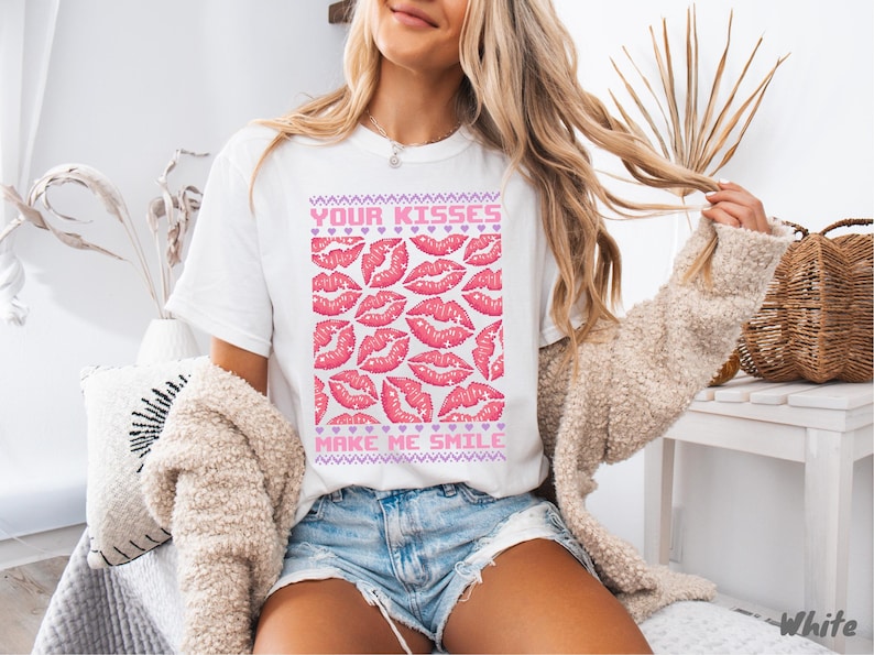 Your Kisses Make Me Smile Pixel Shirt, Gamer Valentine Pink Gamer Girl Gift, Valentines Day Shirts for Women, Cute Valentine Shirt Gift For Men And Women