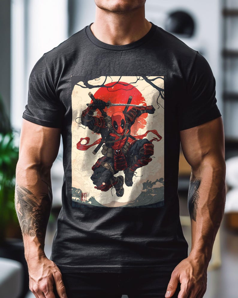 Samurai Deadpool T-Shirt, Marvel-Inspired Graphic Tee, Japanese Style Art Shirt, Gift for Comic Fans, Custom Short Sleeve Shirt For Men And Women