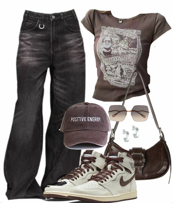 Dracula T-shirt + Baggy Boyfriend Jeans +Pu Leather Shoulder Bag For Men And Women