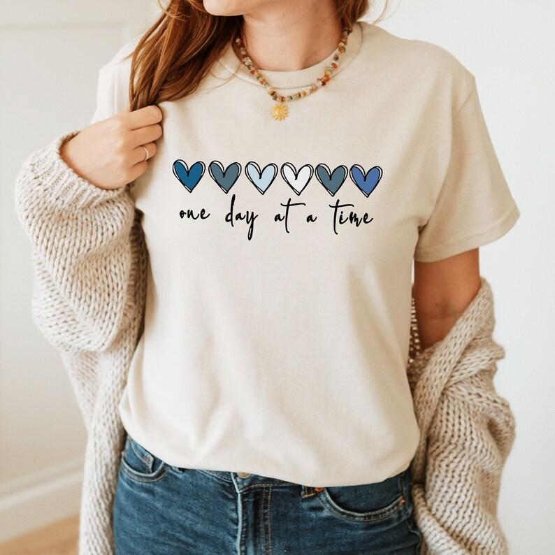 One Day at a Time T-Shirt, Hearts Crewneck, Recovery Gift for Her