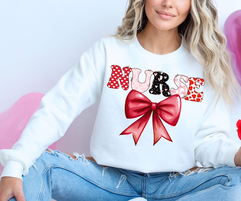 Nurse Valentine Sweatshirt Coquette Bow RN Medical Gift Red Heart Love Pullover Healthcare Worker Valentines Day Jumper Cute Nurse Bow Sweat For Men And Women