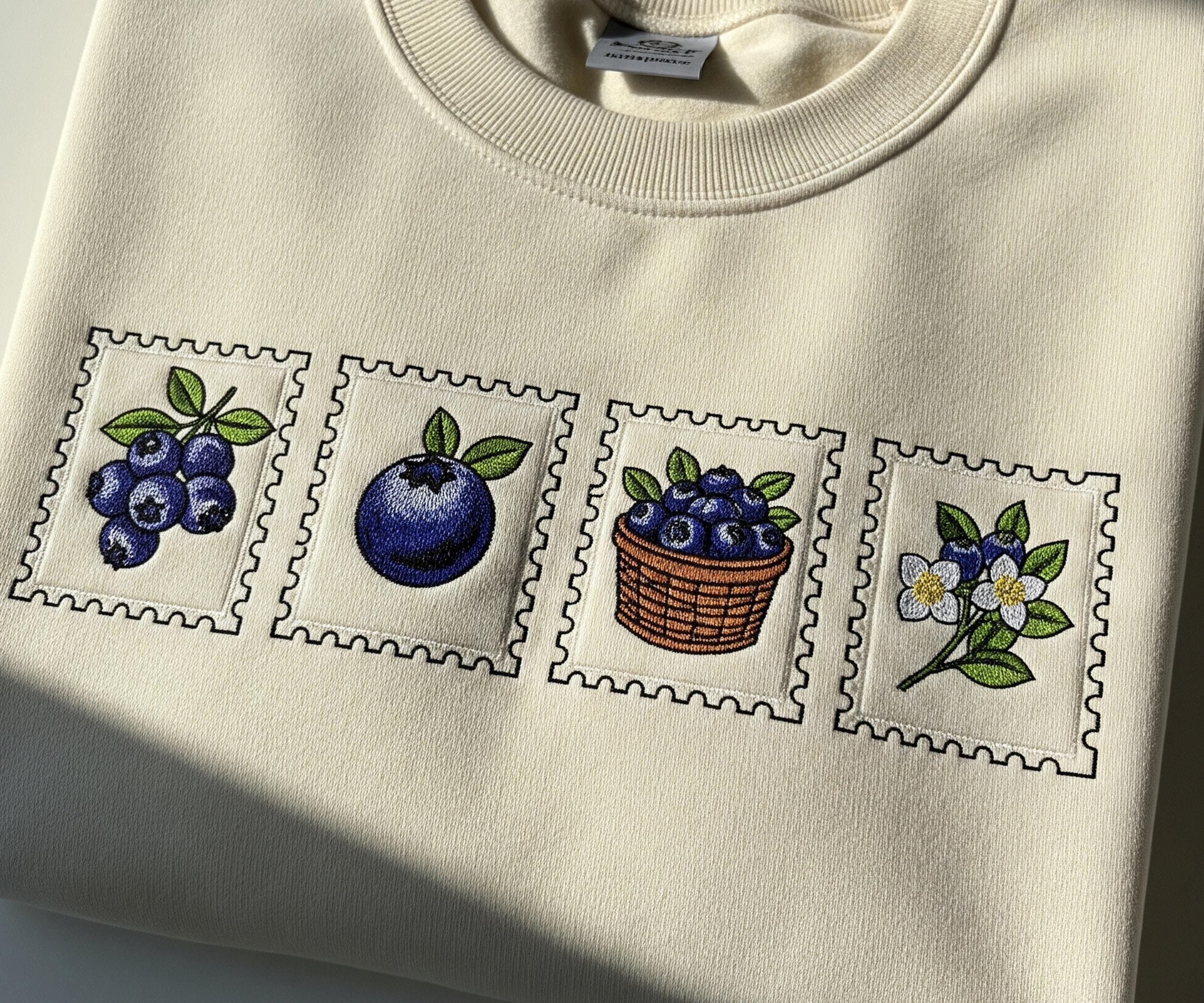 Blueberry Embroidered Shirt, Vintage Postage Stamp Shirt, Aesthetic Summer Tee, Farmer's Market Cottagecore Gardening Gift, Fruit Shirt - - Full Size Krixshop
