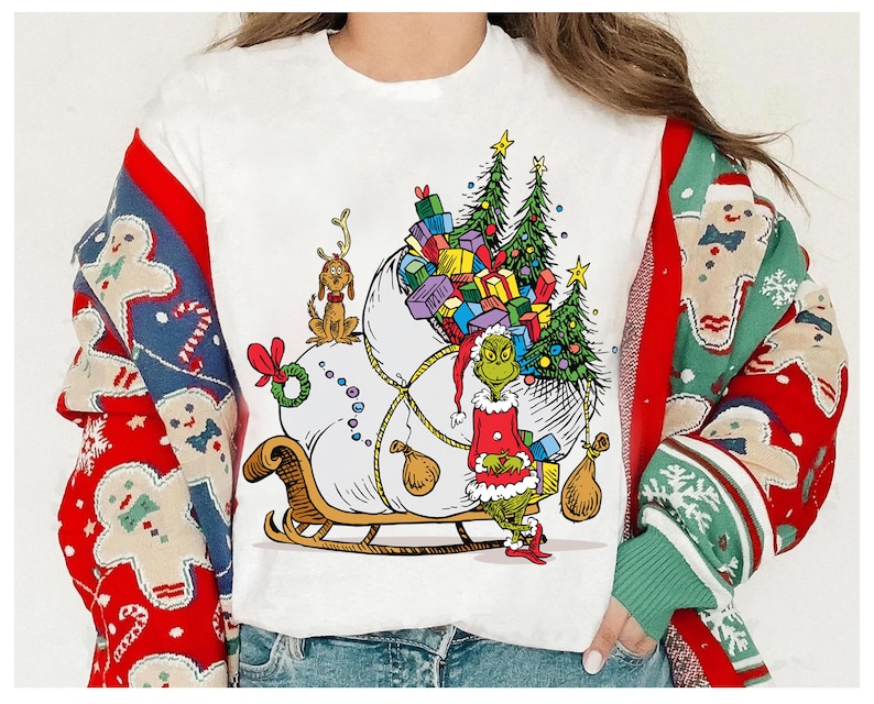 Grinch Max Sleigh Christmas Tree Shirt, Whimsical Grinch and Max Dog Christmas Shirt, Merry Grinchmas Sweatshirt,Grinch Christmas Lights Tee