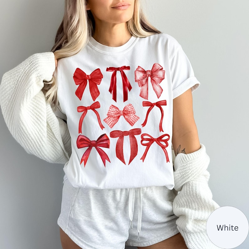 Red Bows Tshirt Coquette Comfort Colors Festive Bows Shirt Trendy Gift Aesthetic Bow Collage T-Shirt Red Ribbon Tee Valentines Day Party Top For Men And Women