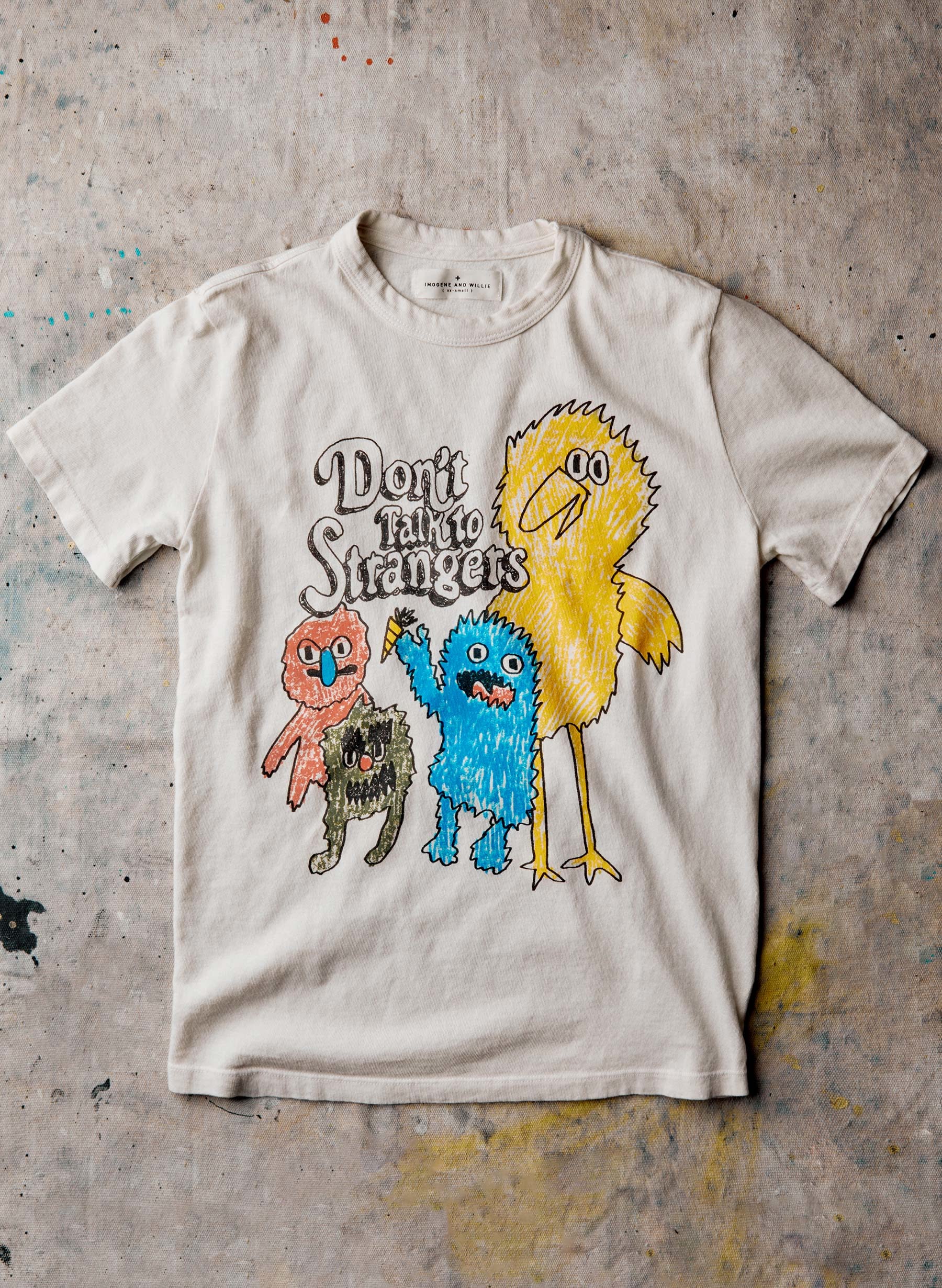 "Don't Talk To Strangers" Graphic Tee, Funny Ironic Sesame Street Style T-Shirt, Retro Crayon Doodle Monster Shirt, Edgy Aesthetic Streetwear - coveshirt
