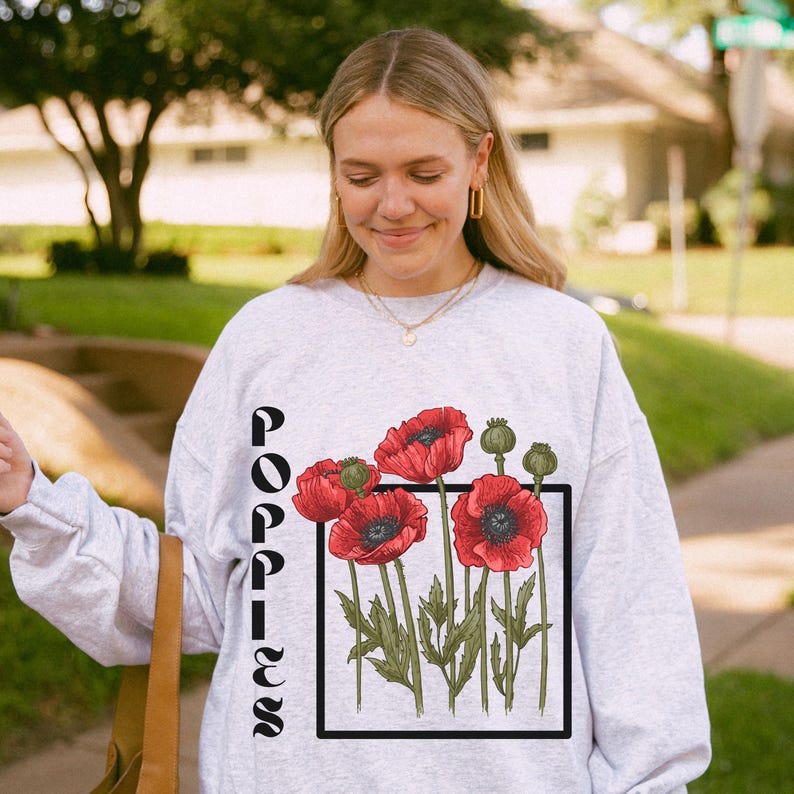 Poppy Print Sweatshirt Floral Poppy Art Sweater Gift for Her Lovely Flowers Sweatshirt Florist Flower Design Sweater Gift for Nature Lover For Men And Women
