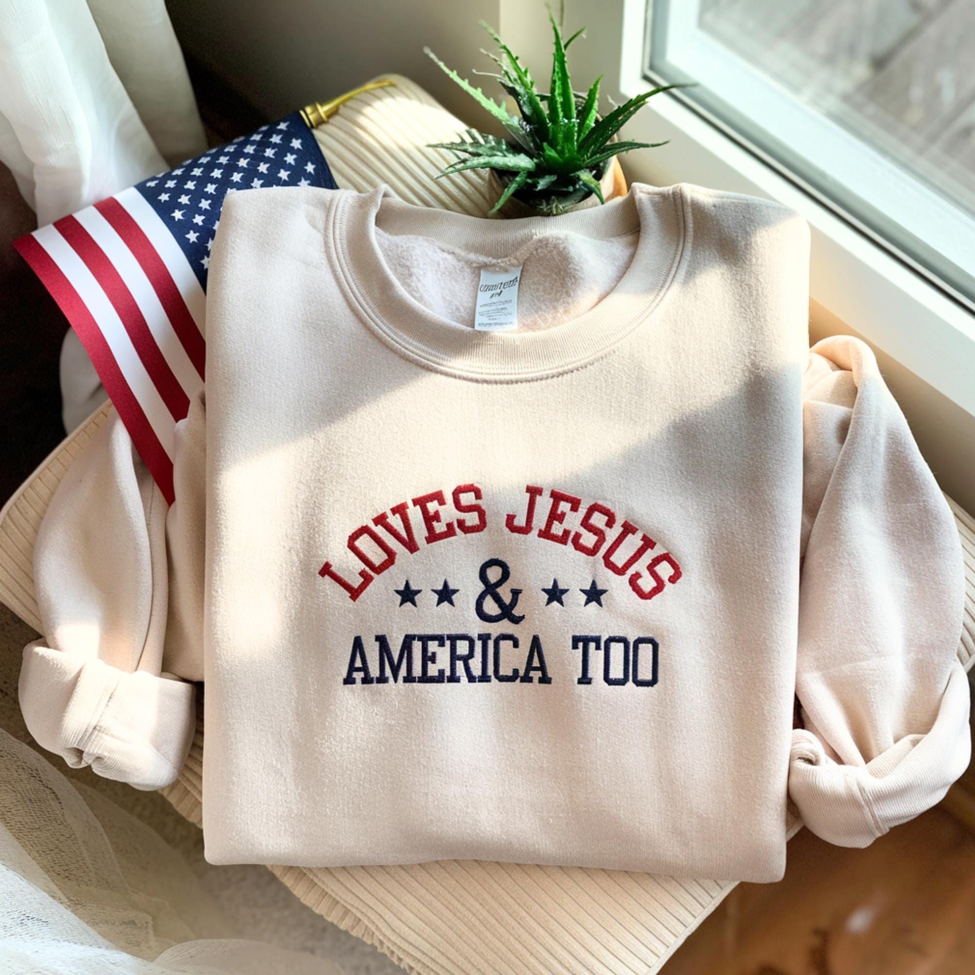 Embroidered Patriotic Sweatshirt, Love Jesus & America, USA Tee - - More Option - Outfits For US