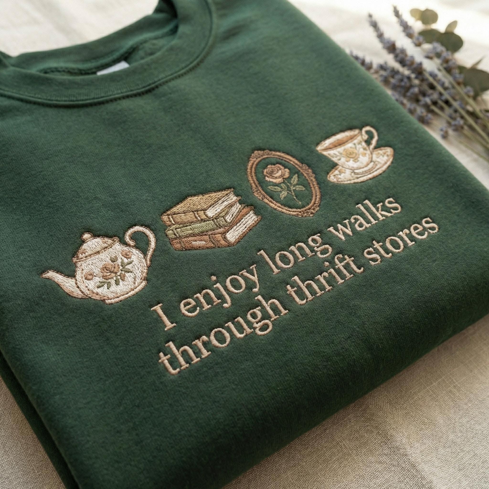 Embroidered Thrift Store Sweatshirt, Vintage Shopping Lover Shirt, Cottagecore Crewneck, Thrifter Gift - - Full Size Krixshop