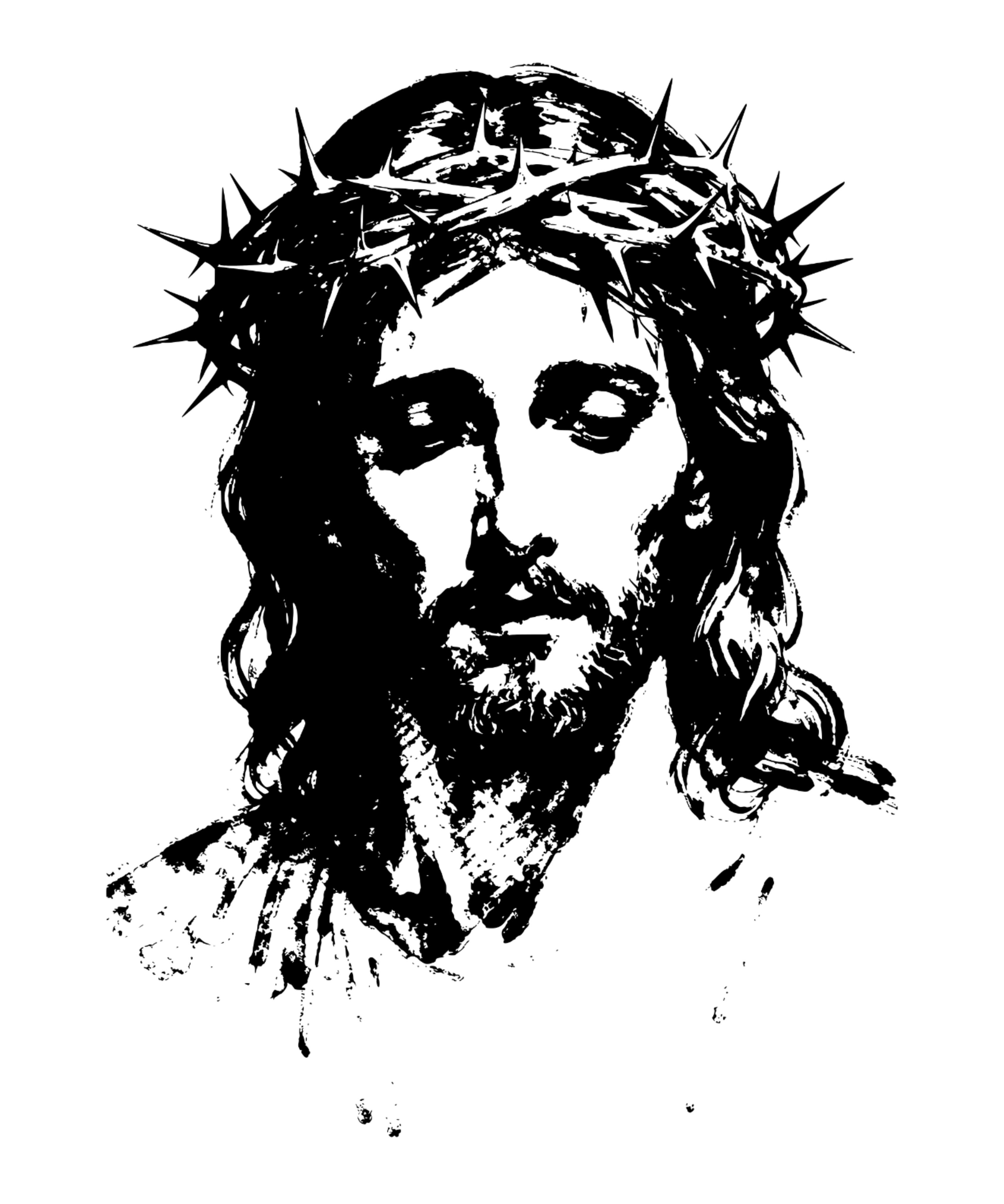 High-contrast black-ink portrait of Jesus facing forward, wearing a crown of thorns, drawn with rough brush strokes on a plain background. - - Full Size Krixshop