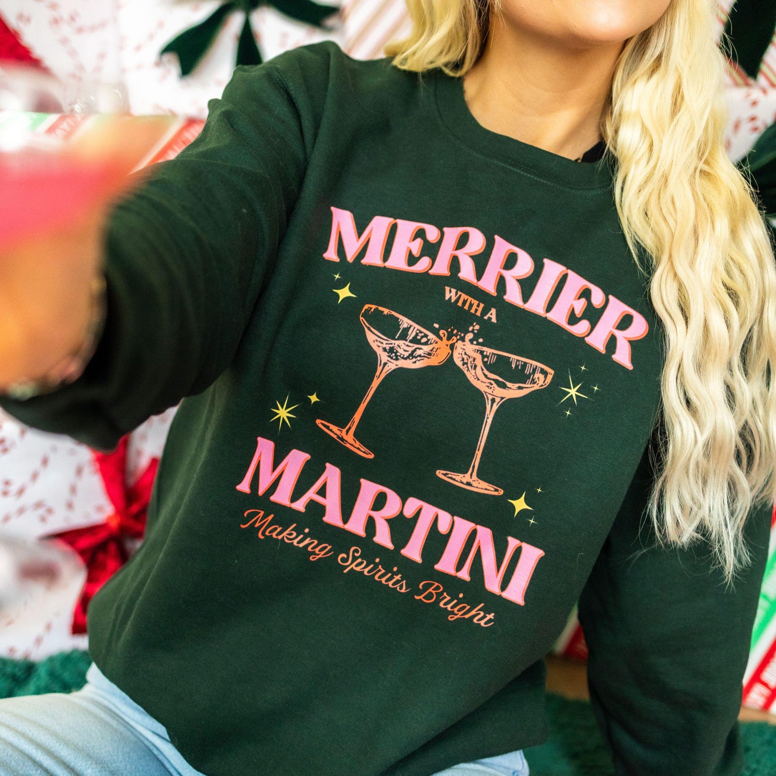 Merrier with a Martini, Christmas Cocktail, Christmas Sweatshirt, Holiday Party Sweatshirt Oversized Sweatshirt, Christmas T Shirt ver1