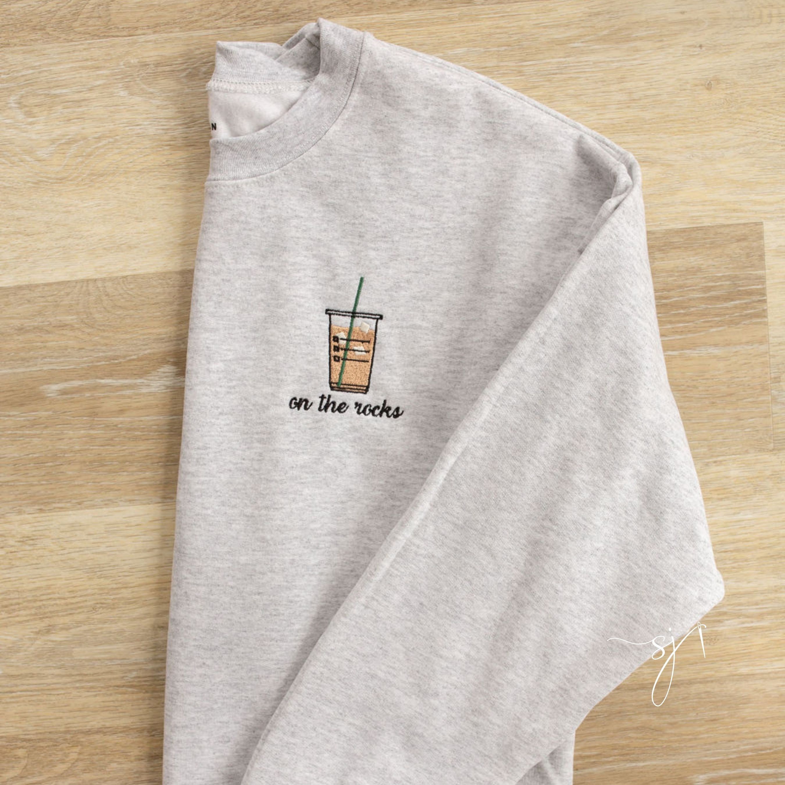 On the Rocks Iced Coffee Embroidered Crewneck Sweatshirt, Star, frap sweatshirt - - Full Size Krixshop