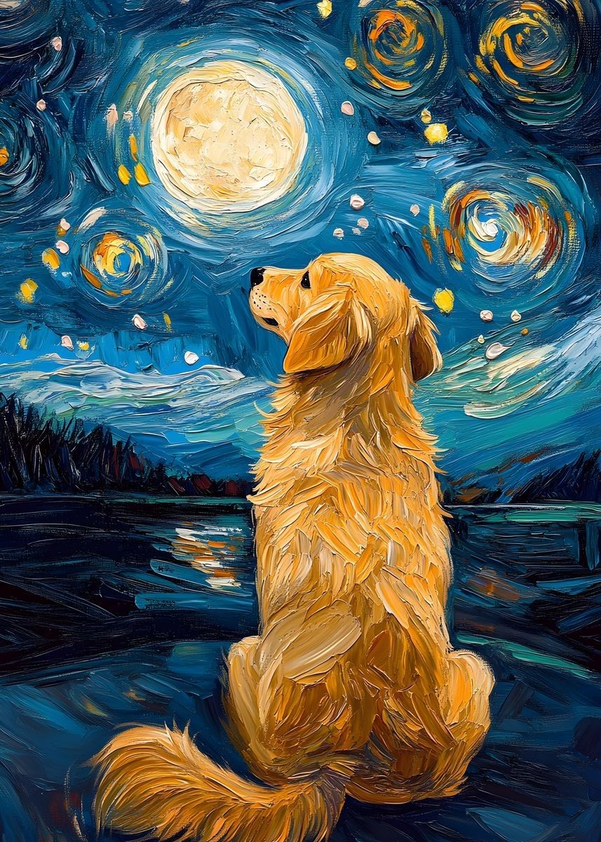 "The Golden Starry Night" - Golden Retriever Canvas Wall Art, Van Gogh Style Painting Poster for Dog Lovers - nileloves