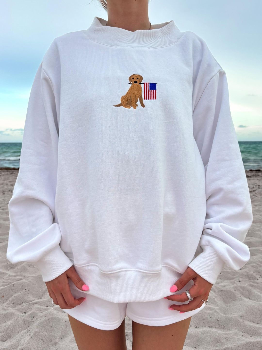 White American Flag Dog Mockneck Sweatshirt 100% Cotton - - Full Size Krixshop